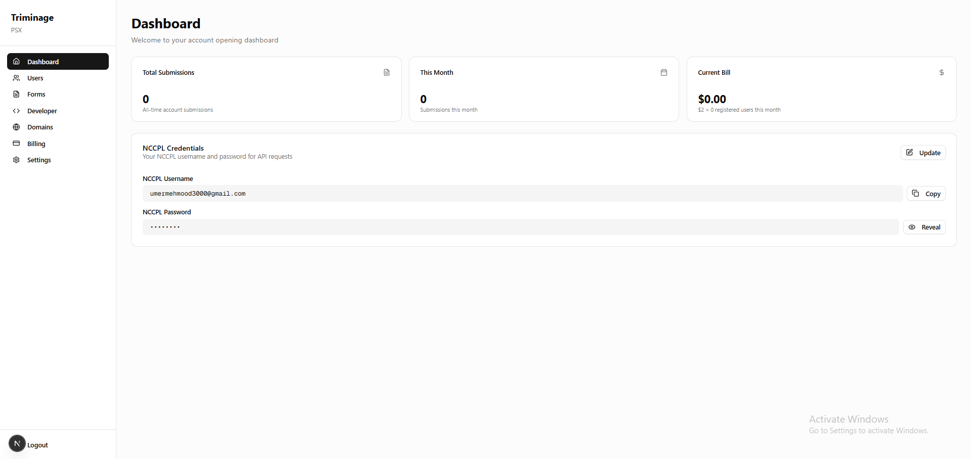 Dashboard navigation showing Users option