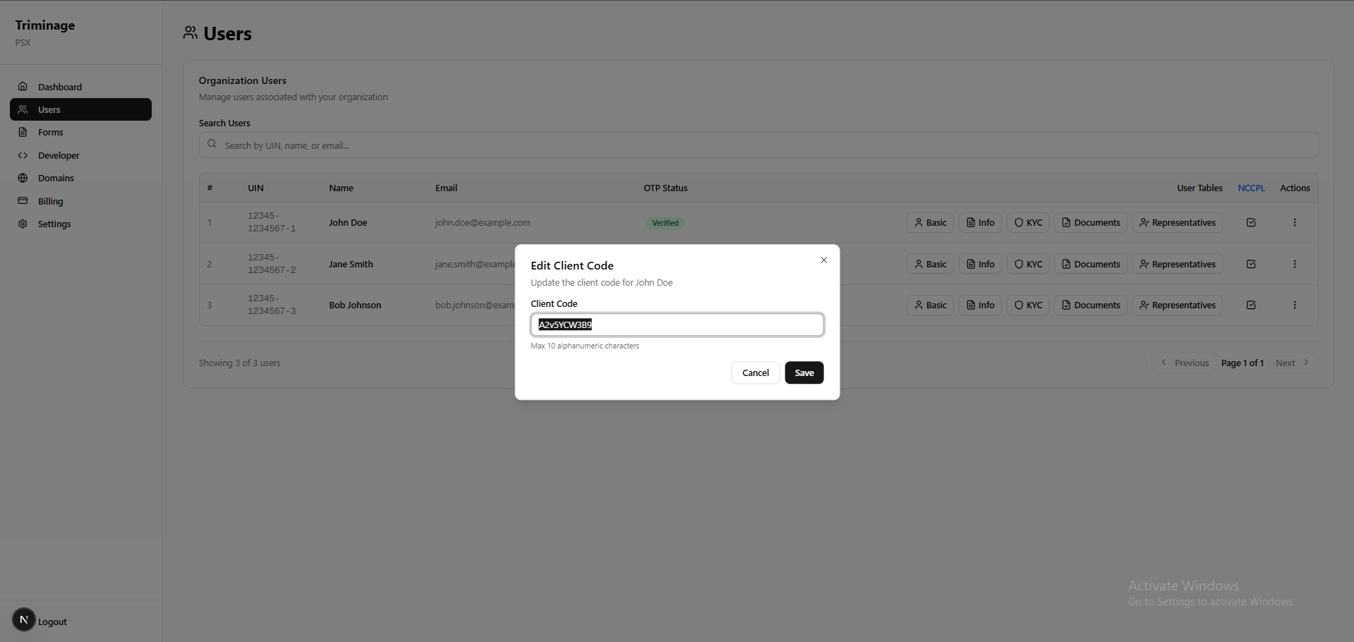 User details showing updated client code