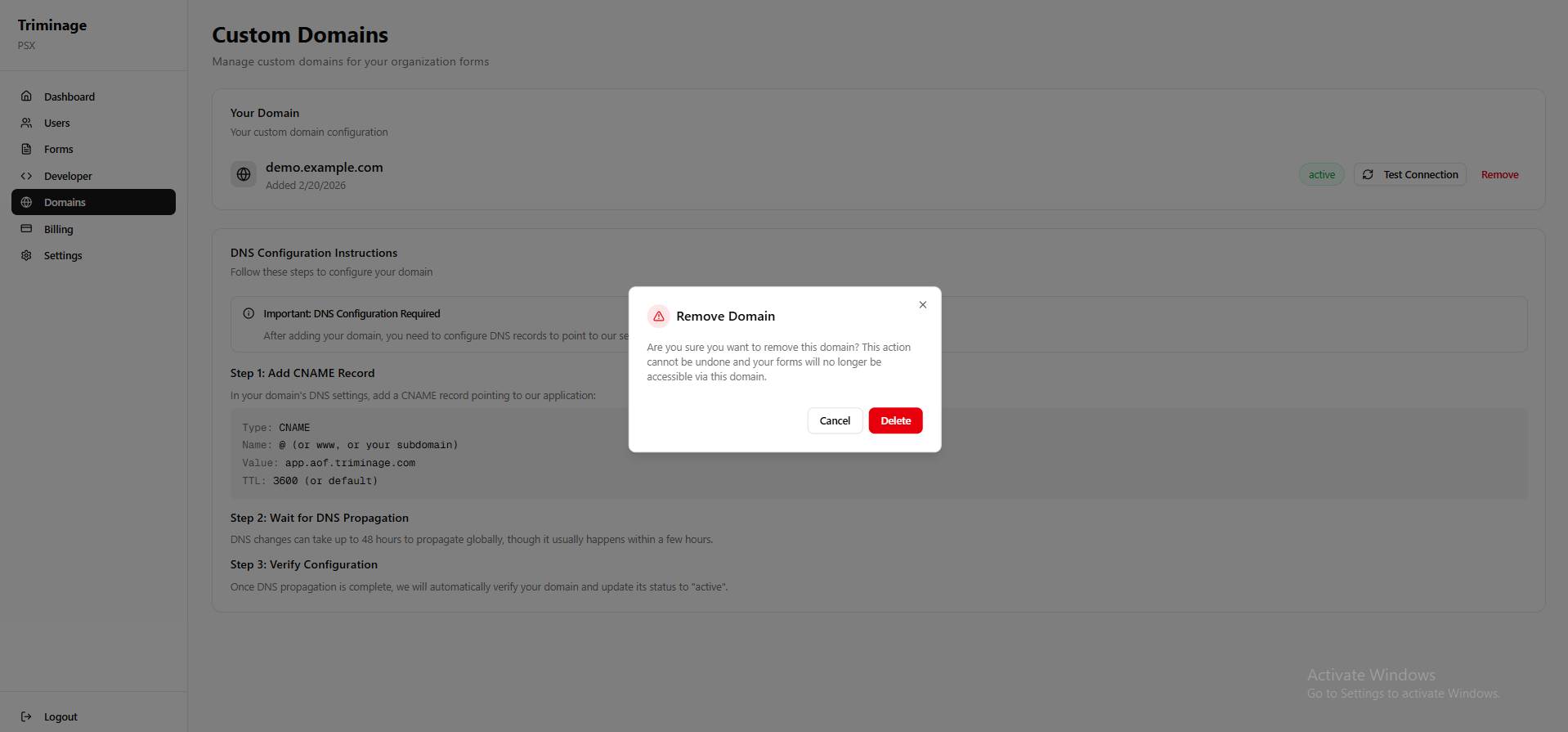 Remove button clicked with confirmation dialog opening