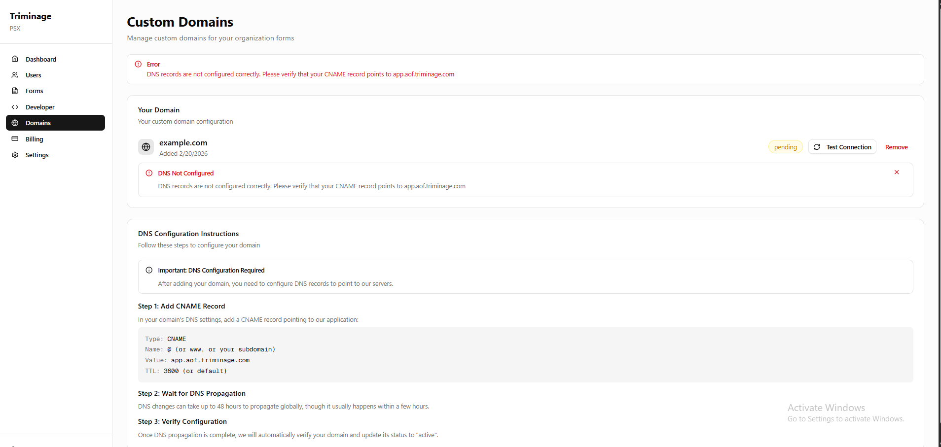 Domain verification button and process