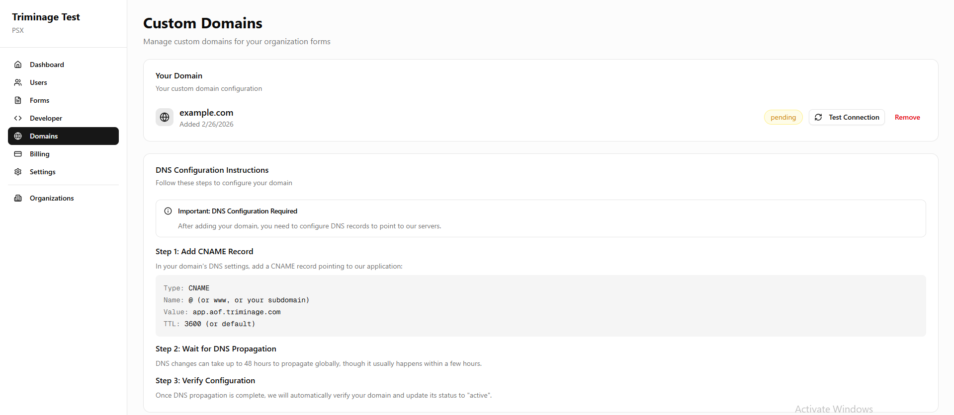 Domain connection and restriction status