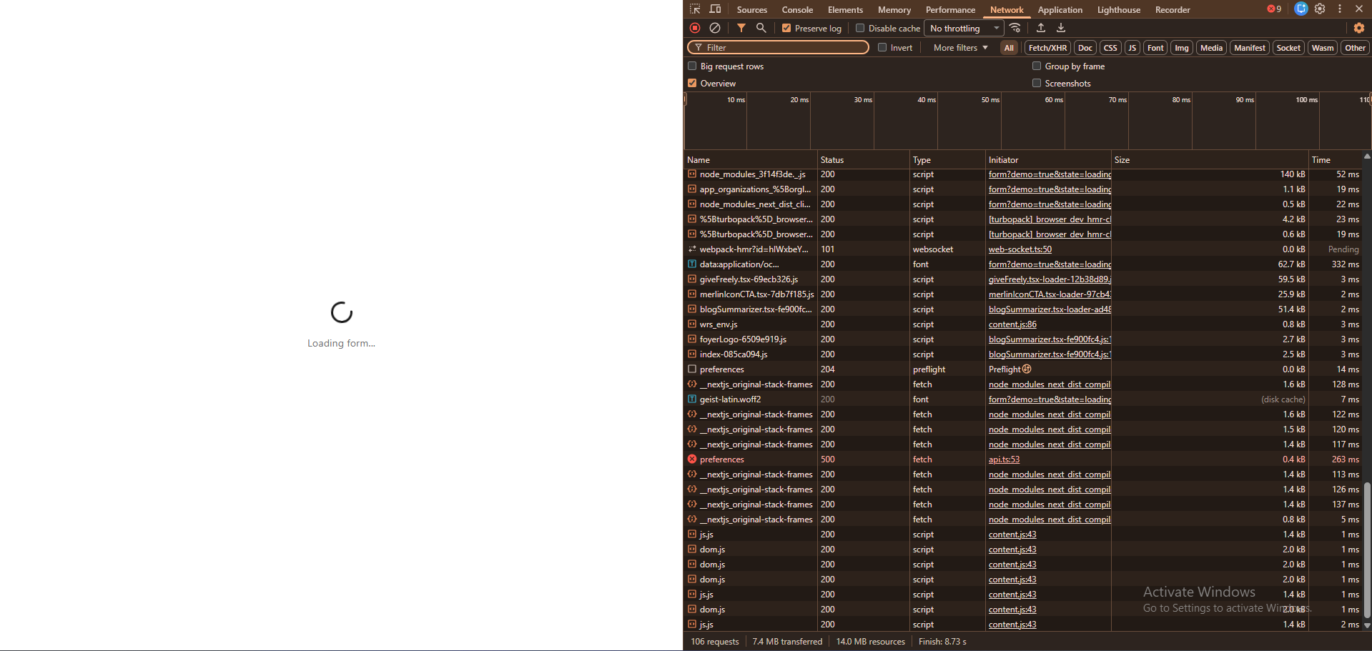 Network tab showing failed requests