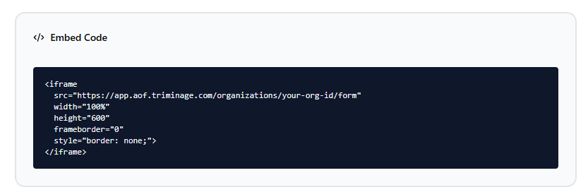Form embed code in website HTML