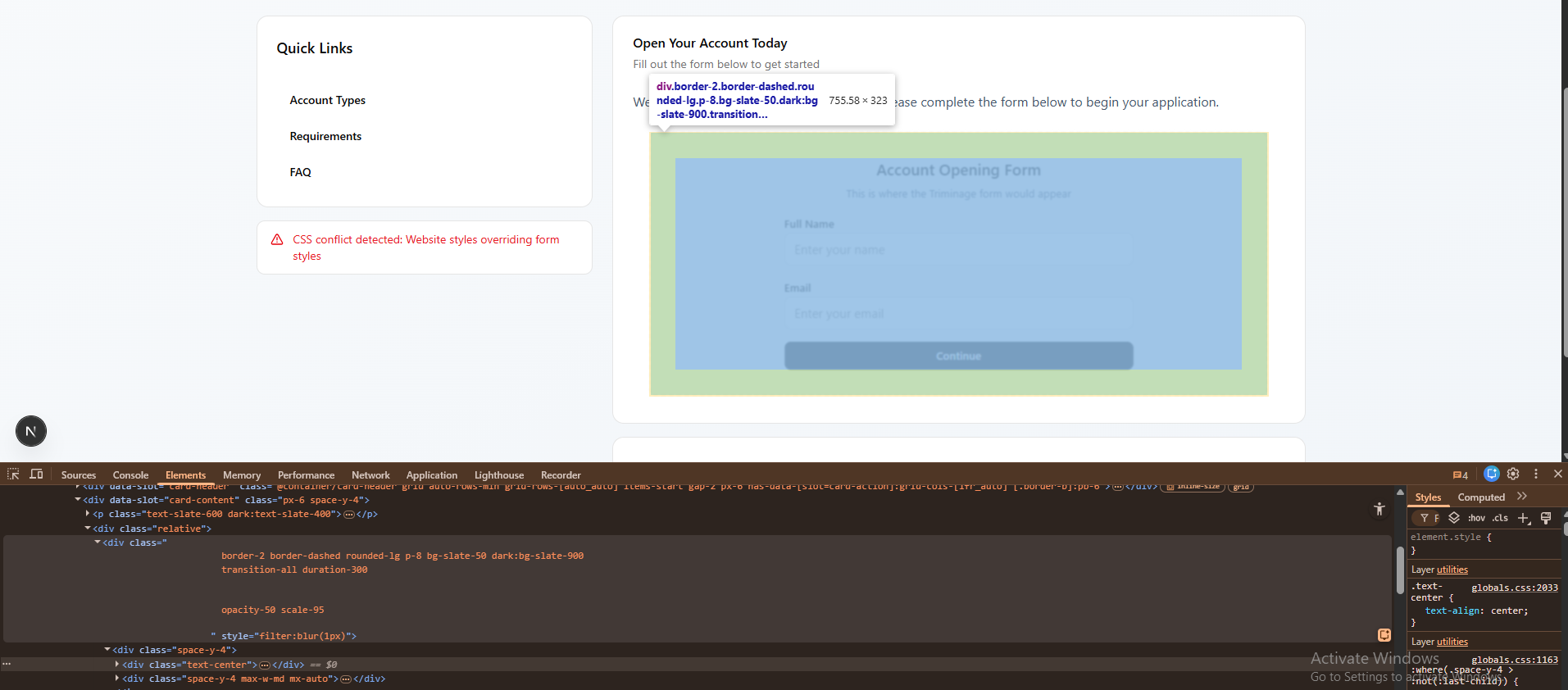 Browser inspector showing CSS conflicts