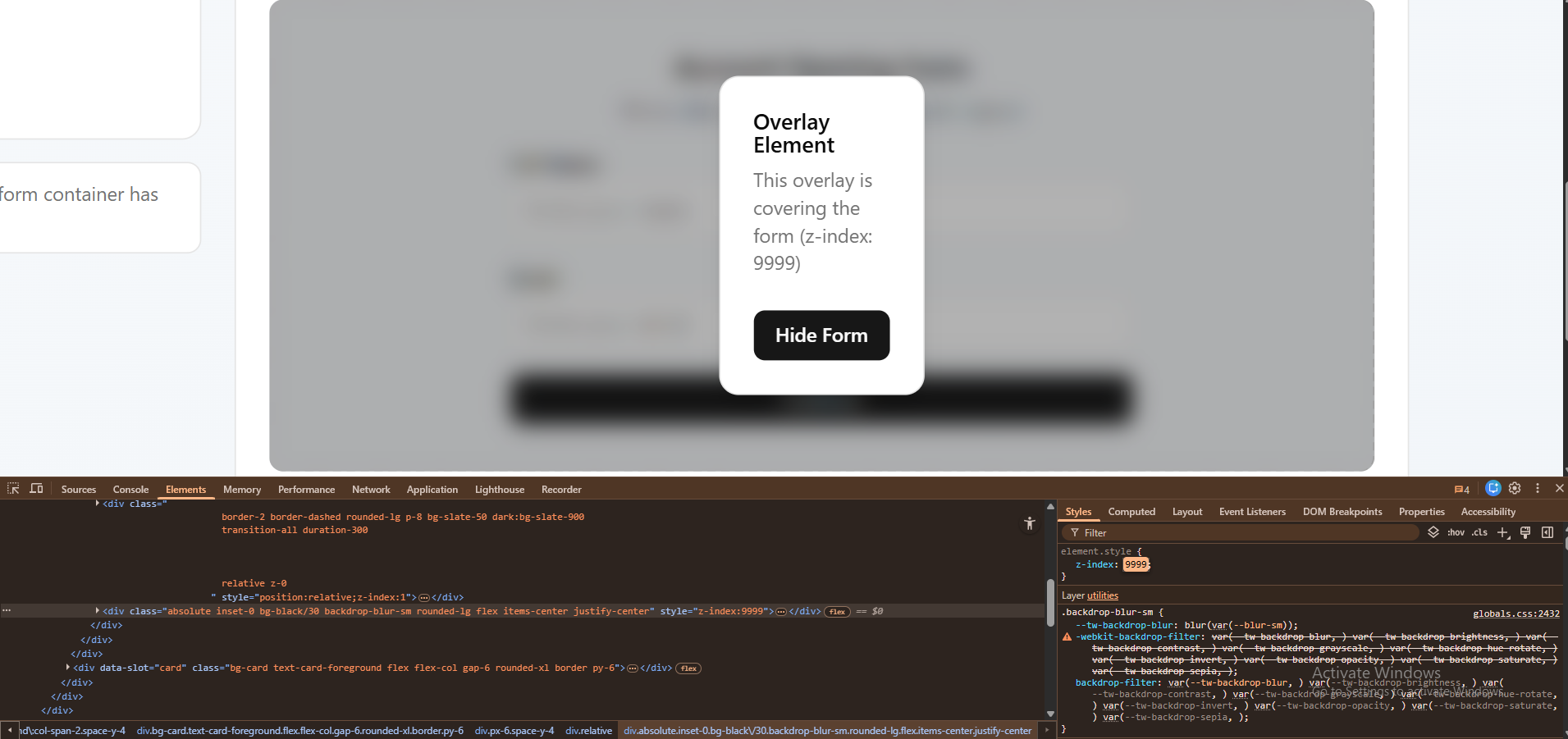 Z-index values in CSS inspector
