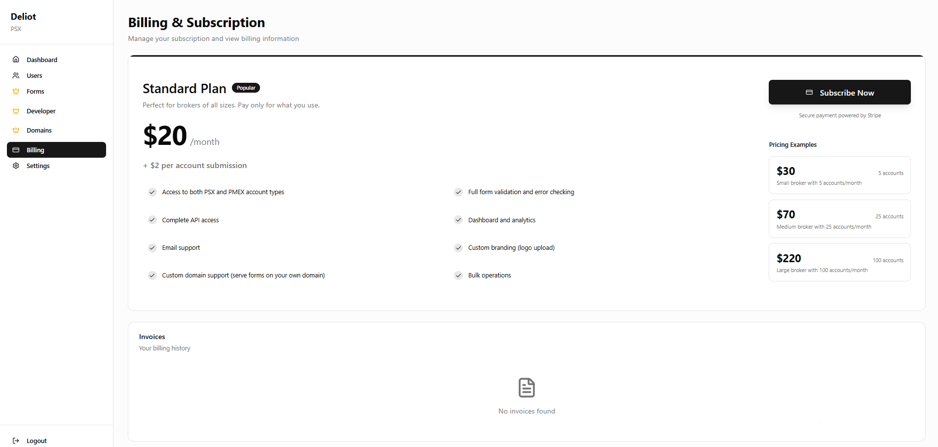 Dashboard with Billing section and plan selection interface