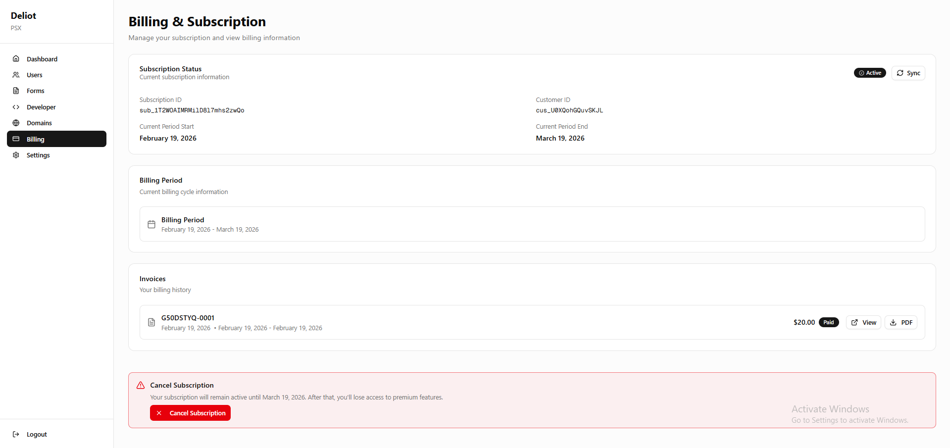 Subscription confirmation and active subscription status